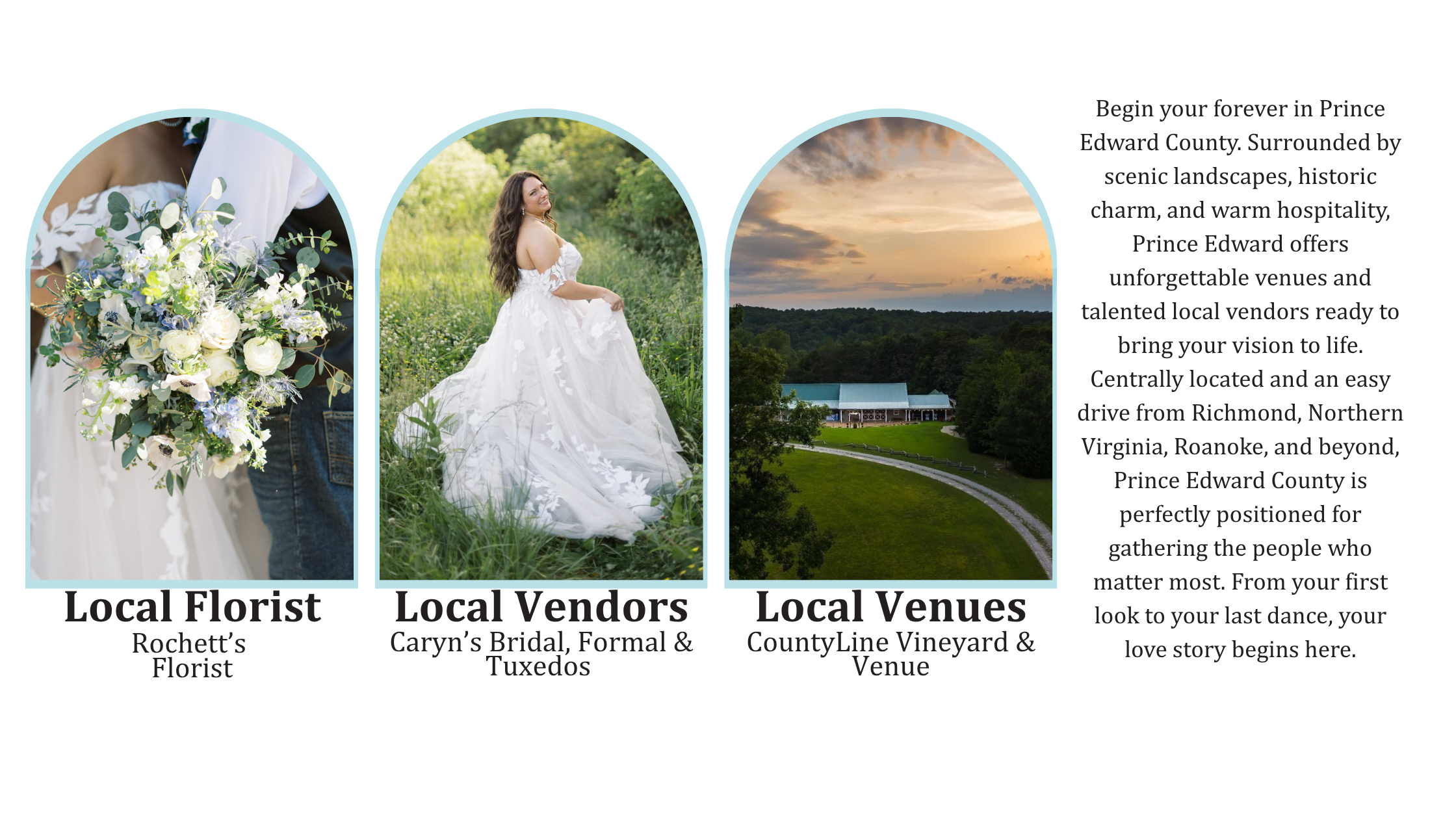 Begin your forever in Prince Edward County. Surrounded by scenic landscapes, historic charm, and warm hospitality, Prince Edward offers unforgettable venues and talented local vendors ready to bring your vision to life. Couples love the beauty and value found here, where elegance and affordability go hand in hand. Centrally located and an easy drive from Richmond, Northern Virginia, Roanoke, and beyond, Prince Edward County is perfectly positioned for gathering the people who matter most. From your first look to your last dance, your love story begins here.