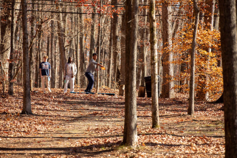 Three people on a wooded disc golf course surrounded by autumn trees and fallen leaves, with one person preparing to throw a disc.