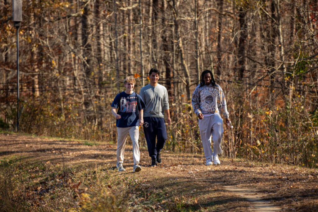 Three young men walking in the woods during the autumn season.