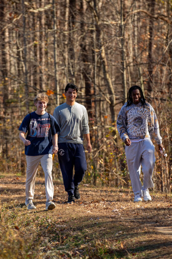Three young men walking in the woods during the autumn season.